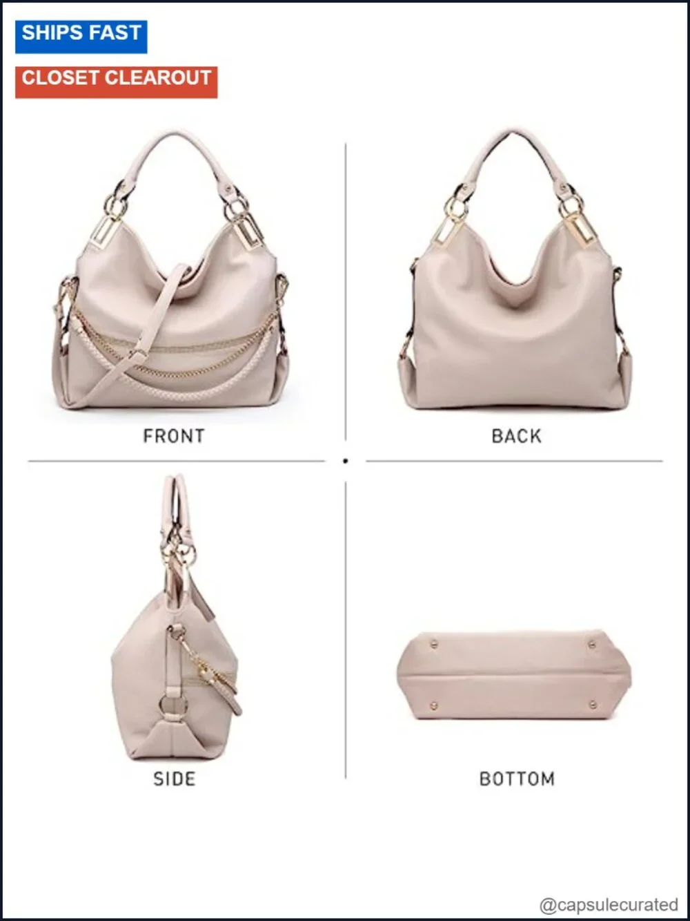 Vegan Leather Hobo Bag with Rhinestone Accents Tote Shoulder Handbag